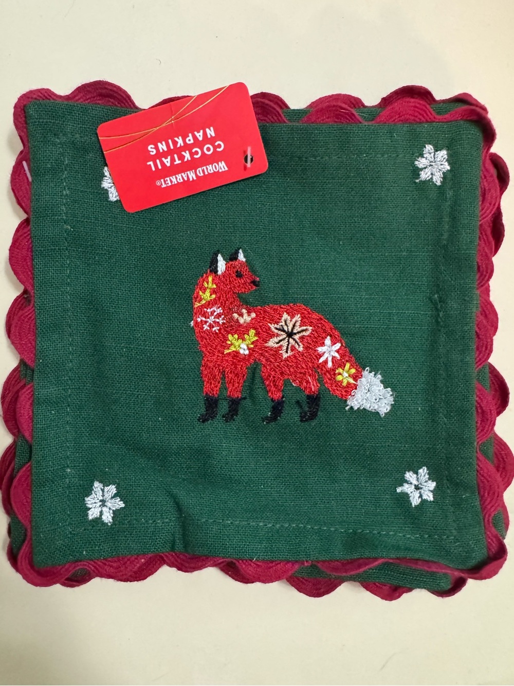 NWT Set of 4 Woodland Critters Embroidered Christmas Cocktail Napkins